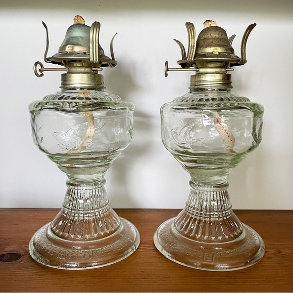 Pair of An Qing China Oil Lamps Clear Glass with Flying Birds Vintage - Picture 1 of 14